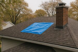 A close-up stock photo of a residential roof with a protective tarp and clean gutters, illustrating pre-winter emergency roof repair in a Meridian, Idaho home.