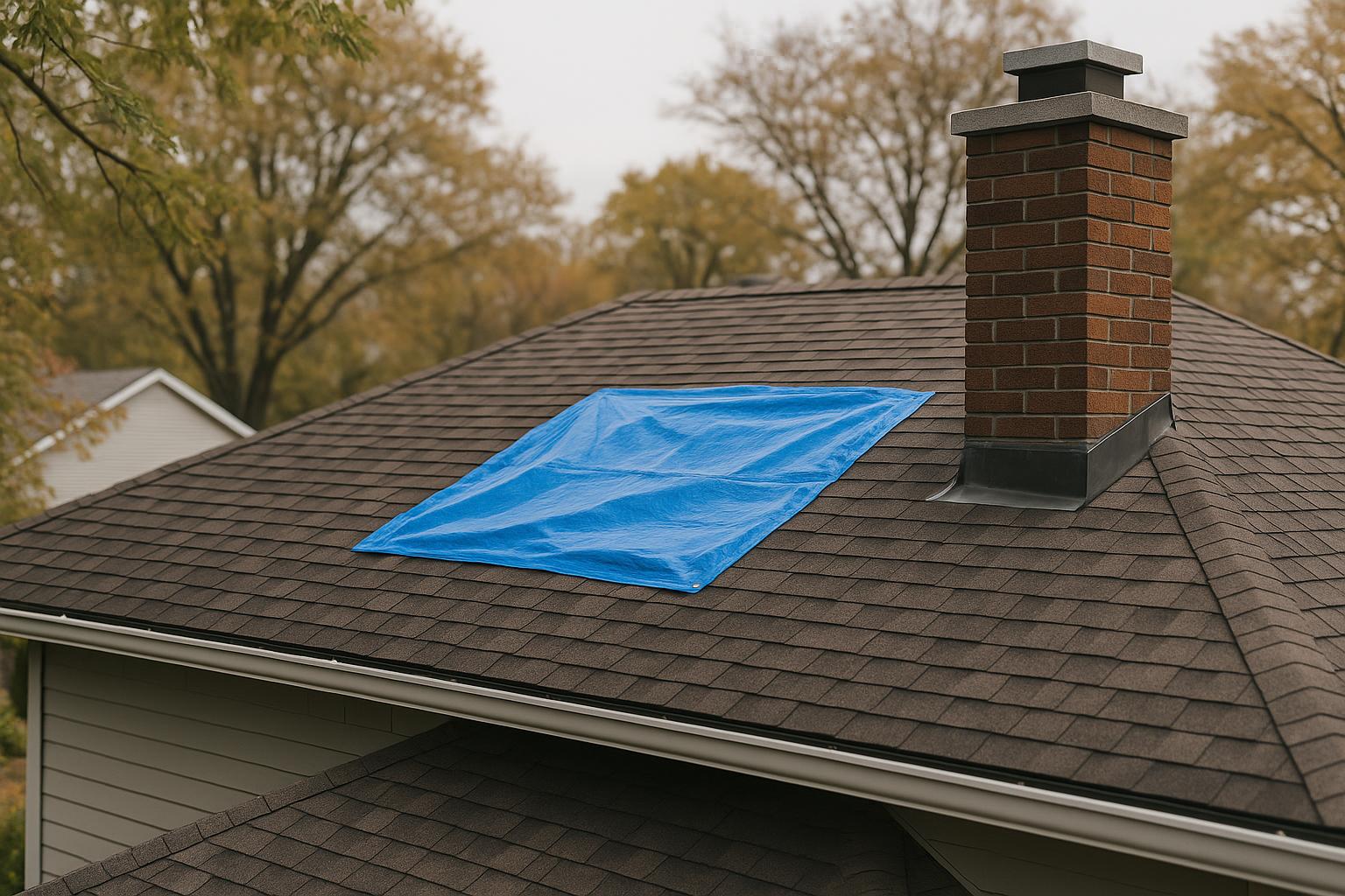 A close-up stock photo of a residential roof with a protective tarp and clean gutters, illustrating pre-winter emergency roof repair in a Meridian, Idaho home.