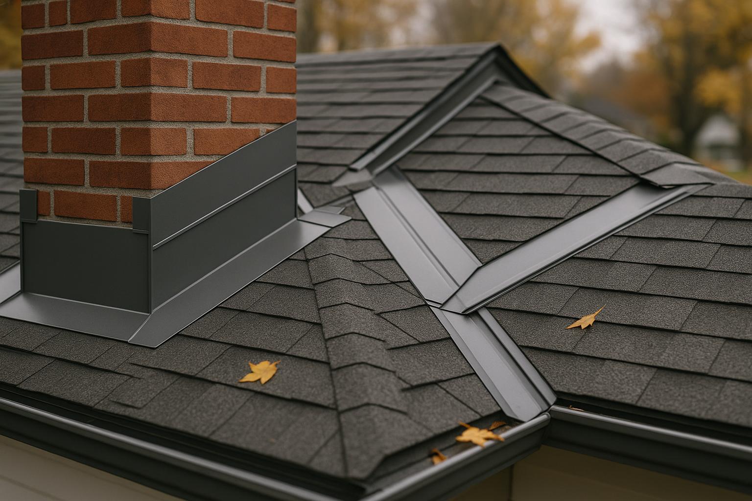 Close-up stock photo of clean roof flashing around a chimney and roof valleys on a Meridian home, showing effective leak prevention and fall maintenance.