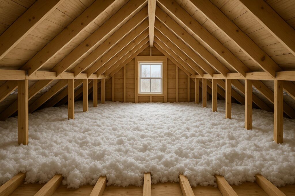 Interior of a well-insulated attic with visible vents and insulation, illustrating winter roof preparation.