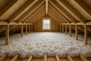 Interior of a well-insulated attic with visible vents and insulation, illustrating winter roof preparation.