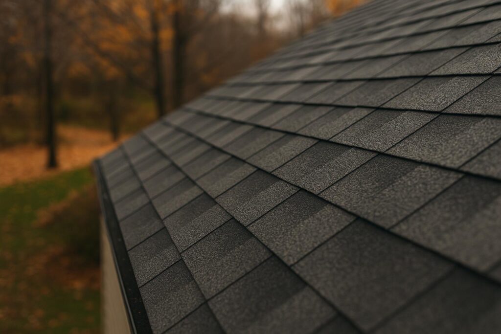 Close-up view of durable architectural asphalt shingles on a residential roof in autumn, illustrating preparedness for winter weather in Meridian, Idaho.