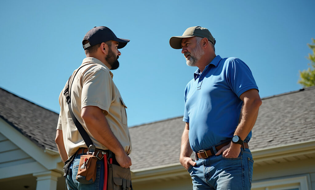 Boise roofing contractor reviewing a detailed roof replacement estimate with a homeowner.